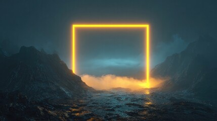 Glowing golden square portal on misty sea among dark rocks, mysterious surreal futuristic landscape with light reflection and fantasy concept