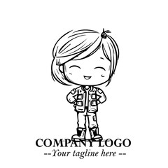 Black and White Chibi Girl Standing in Jacket, Pants, and Boots. Simple Bold Vector Illustration
