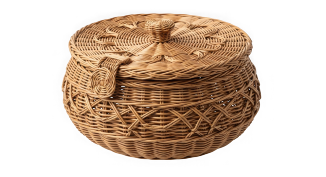 Woven wicker basket with lid isolated on transparent background