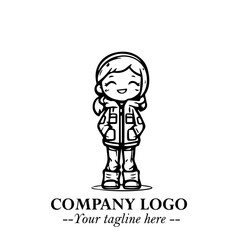 Black and White Chibi Girl Standing in Jacket, Pants, and Boots. Simple Bold Vector Illustration
