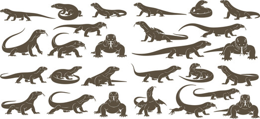 Collection of pixelated lizard silhouettes in various poses on a black background