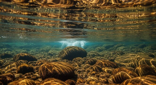 Underwater shot of a riverbed with rocks, light filtering - Powered by Adobe