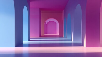 Minimalist abstract architecture corridor with soft pink and purple light, modern archway interior design, surreal dreamy geometric perspective