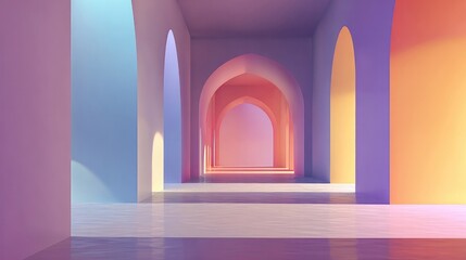 Minimalist abstract architecture corridor with soft pink and purple light, modern archway interior design, surreal dreamy geometric perspective