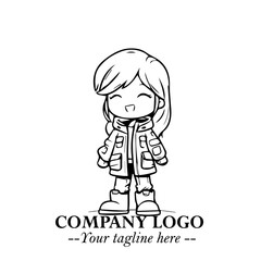 Black and White Chibi Girl Standing in Jacket, Pants, and Boots. Simple Bold Vector Illustration
