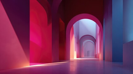 Minimalist abstract architecture corridor with soft pink and purple light, modern archway interior design, surreal dreamy geometric perspective
