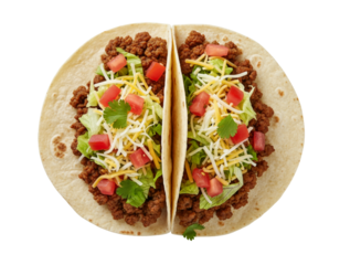 Two Mexican Tacos with Beef Filling, Top View, Isolated on Transparent Background