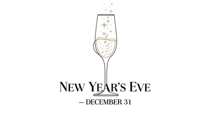 Elegant champagne glass for new years eve celebration on white background