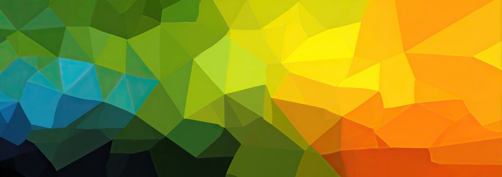 A geometric abstract image features a gradient of colors from blue to orange using polygonal shapes