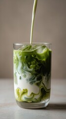 Iced matcha latte with milk swirling in glass, refreshing green tea drink, natural healthy beverage, artistic swirl texture and modern lifestyle concept.