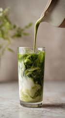 Iced matcha latte with milk swirling in glass, refreshing green tea drink, natural healthy beverage, artistic swirl texture and modern lifestyle concept.