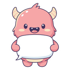 Pink Baby Monster with Horns Holding Speech Bubble – Cute Flat Cartoon