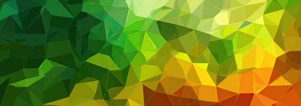 A geometric mosaic of colorful polygonal shapes transitions from green to orange
