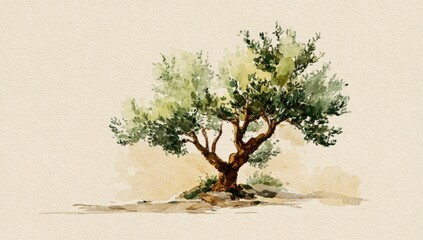 Watercolor depiction of a sprawling olive tree with lush green foliage against a neutral background