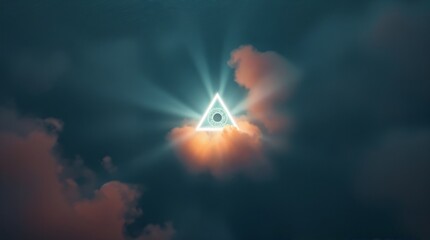 large triangle with eye glowing on dramatic moody sky with clouds. Abstract spiritual composition