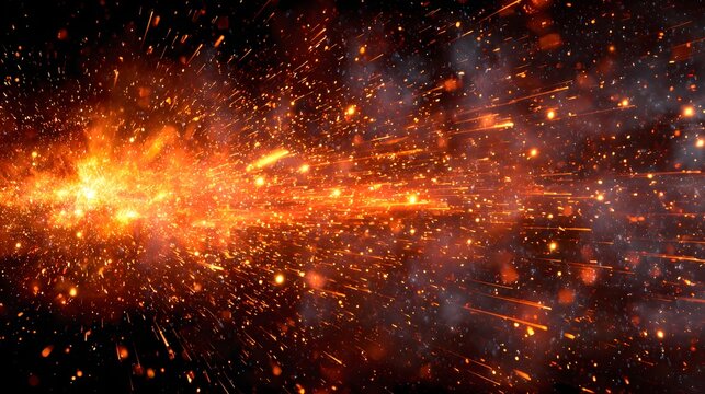 Brilliant incandescent sparks erupt outwards from a central point against a dark background