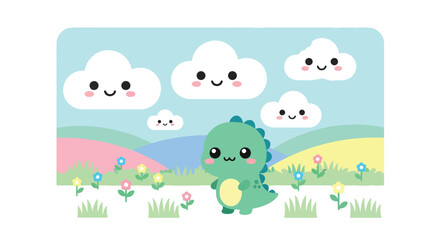 Cute chibi dinosaur standing in pastel meadow with flowers, smiling sun, and fluffy clouds. Soft peaceful kids wallpaper in flat solid colors