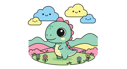 Cute chibi dinosaur standing in pastel meadow with flowers, smiling sun, and fluffy clouds. Soft peaceful kids wallpaper in flat solid colors