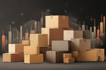 A stack of cardboard boxes, with charts in the background, symbolizing trade and business growth