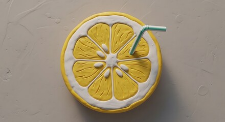 A close up overhead shot of a lemon slice with a straw inserted into it.