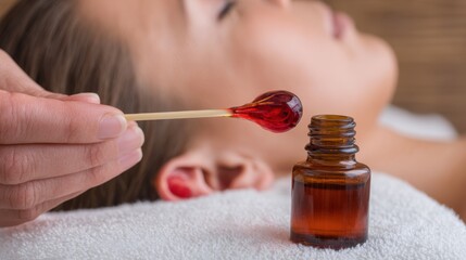 Fire Ear Candling. Spa treatment featuring essential oil applied on a woman's skin for relaxation and rejuvenation.