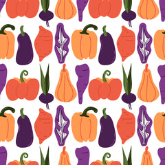 cute hand drawn orange and purple vegetables vibrant seamless vector pattern background illustration