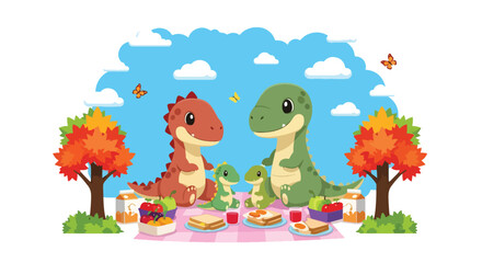 Chibi dinosaur family enjoying picnic with food under trees, butterflies and soft hills. Warm wholesome kids wallpaper