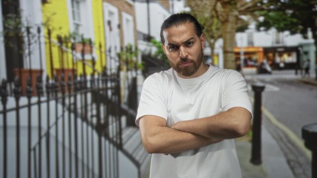 Man points finger with bare hand and crosses arms on urban street wearing white t shirt, scowling at camera; anger defiance.