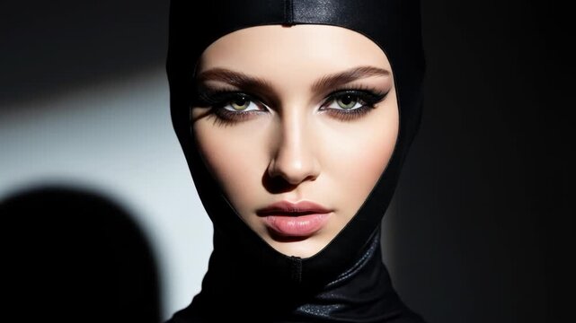 Woman with striking green eyes in black head covering, dramatic lighting