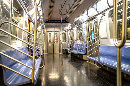 New York City subway train empty wagon view. Public transportation of NYC