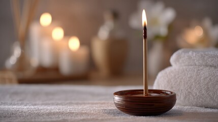 Fire Ear Candling. A tranquil scene featuring an incense holder and candles in a spa-like setting.