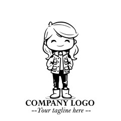 Black and White Chibi Girl Standing in Jacket, Pants, and Boots. Simple Bold Vector Illustration
