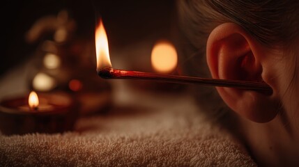 Fire Ear Candling. Ear candling treatment with a lit candle, creating a warm and soothing atmosphere.