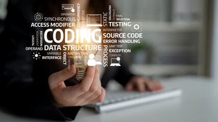 A person holding a light bulb represents innovation in the coding world. Keywords and concepts highlight the importance of programming and technology in today digital landscape. Tessel