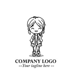 Black and White Chibi Girl Standing in Jacket, Pants, and Boots. Simple Bold Vector Illustration
