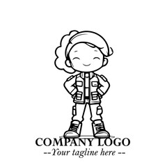 Black and White Chibi Girl Standing in Jacket, Pants, and Boots. Simple Bold Vector Illustration
