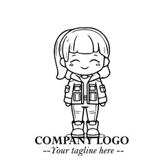 Black and White Chibi Girl Standing in Jacket, Pants, and Boots. Simple Bold Vector Illustration
