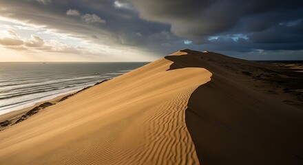 Majestic sand dunes meet the vast ocean under a dramatic cloudy sky landscape
