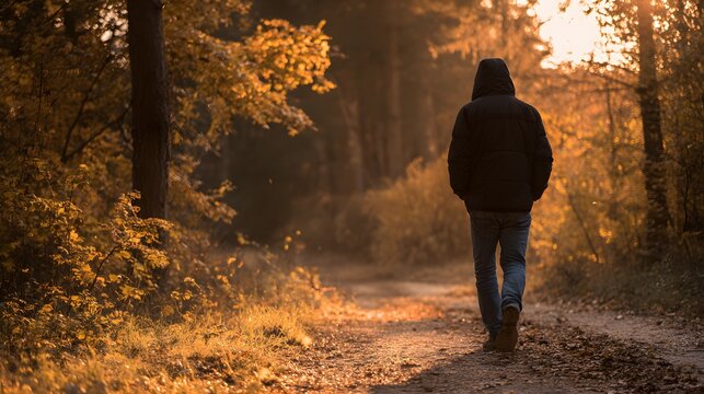 Solitary figure walks down a dirt path through an autumnal forest bathed in warm sunlight