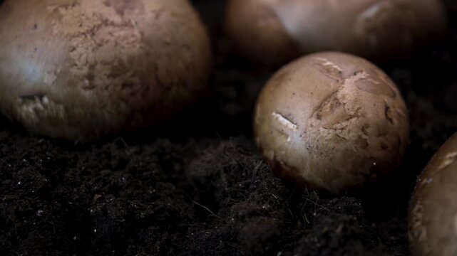 Close-up of the texture of mushrooms (Agaricus bisporus) in the soil, smooth cinematic shot to illustrate the process of mushroom cultivation
