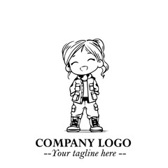 Black and White Chibi Girl Standing in Jacket, Pants, and Boots. Simple Bold Vector Illustration
