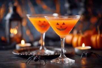 Halloween themed table with cocktails, pumpkins candles and spooky decorations. Festive scene. Jack o lantern orange cocktail set holiday backdrop. Party, gathering. Glasses of autumn season drinks.