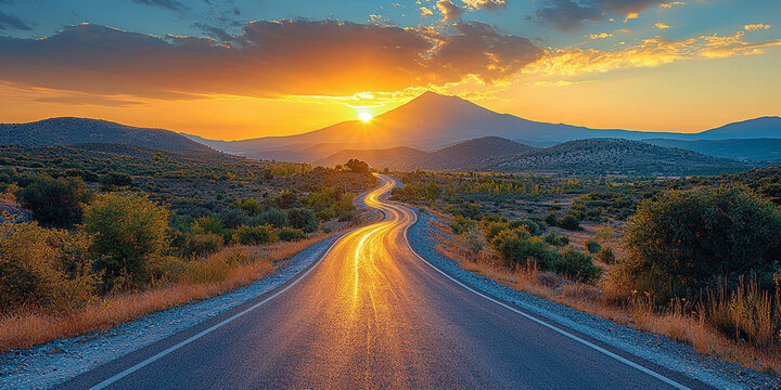 Long winding road through mountains at sunset Generative AI