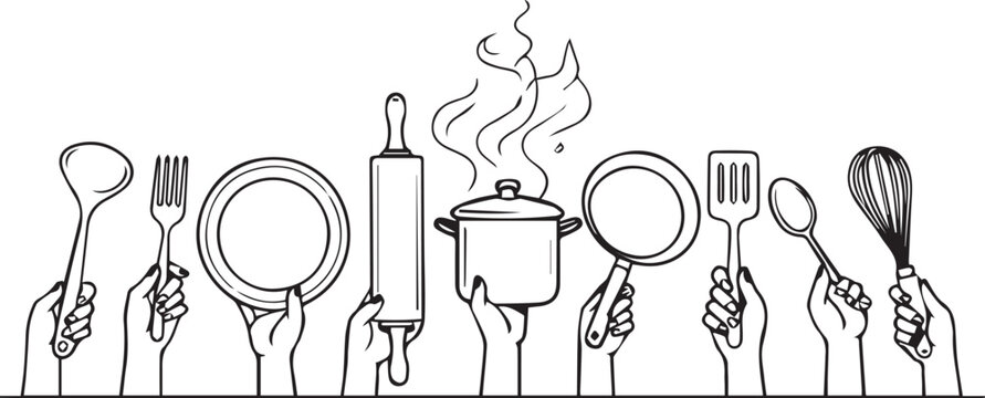 Diverse hands holding kitchen utensils, cooking tools, line art