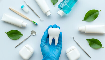 Dentist Day features a dentist hand in gloves holding a white tooth model. Raising awareness of dental health, oral care, and preventing tooth aches. Flat lay, Top view