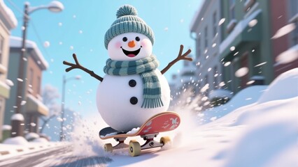 Cartoon snowman with a beanie and striped scarf skateboarding joyfully down a snowy city street, smiling with arms outstretched.