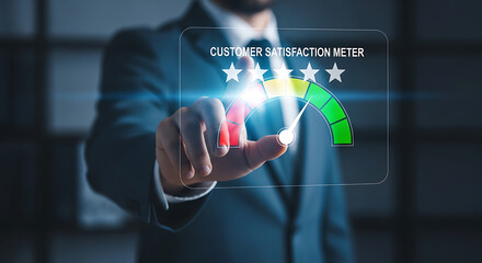 Obraz premium Businessman touching customer satisfaction meter to indicate high level, with five stars