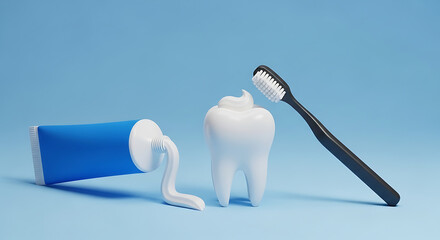 3D illustration of a tooth with blue tooth paste tube and black brush, dental care composition