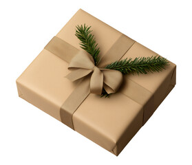 Christmas gift wrapped in brown craft paper decorated with spruce branch.