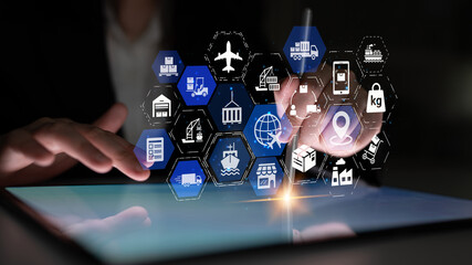 Global shipping icons show transport, loEnticeics, and cargo delivery. Global shipping connects...